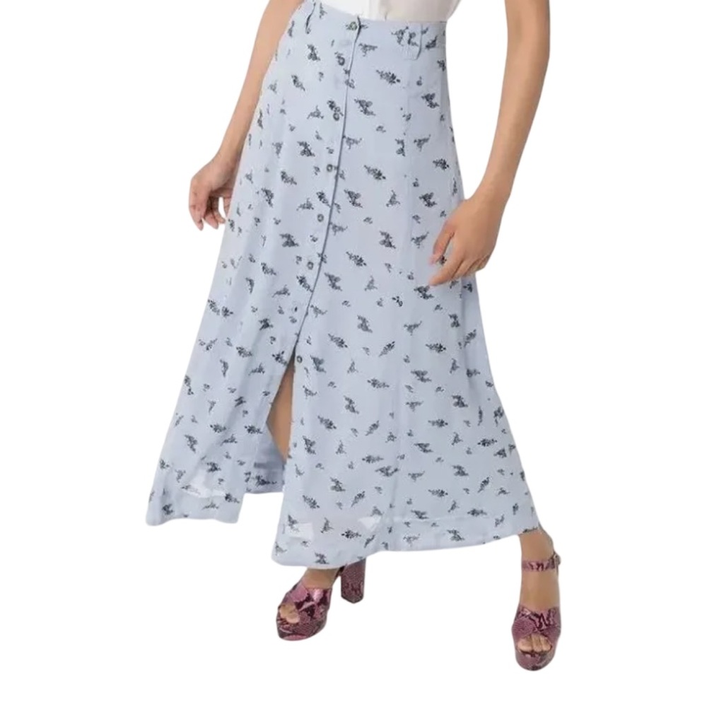 Ganni Georgette Blue Floral Button Front Midi Skirt